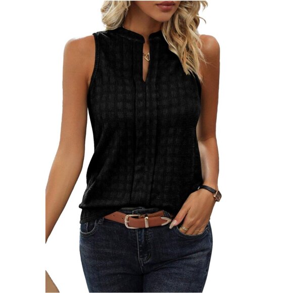 🖤 New Black Lattice Textured Split Neck Tank Top – Size M - Picture 1 of 11